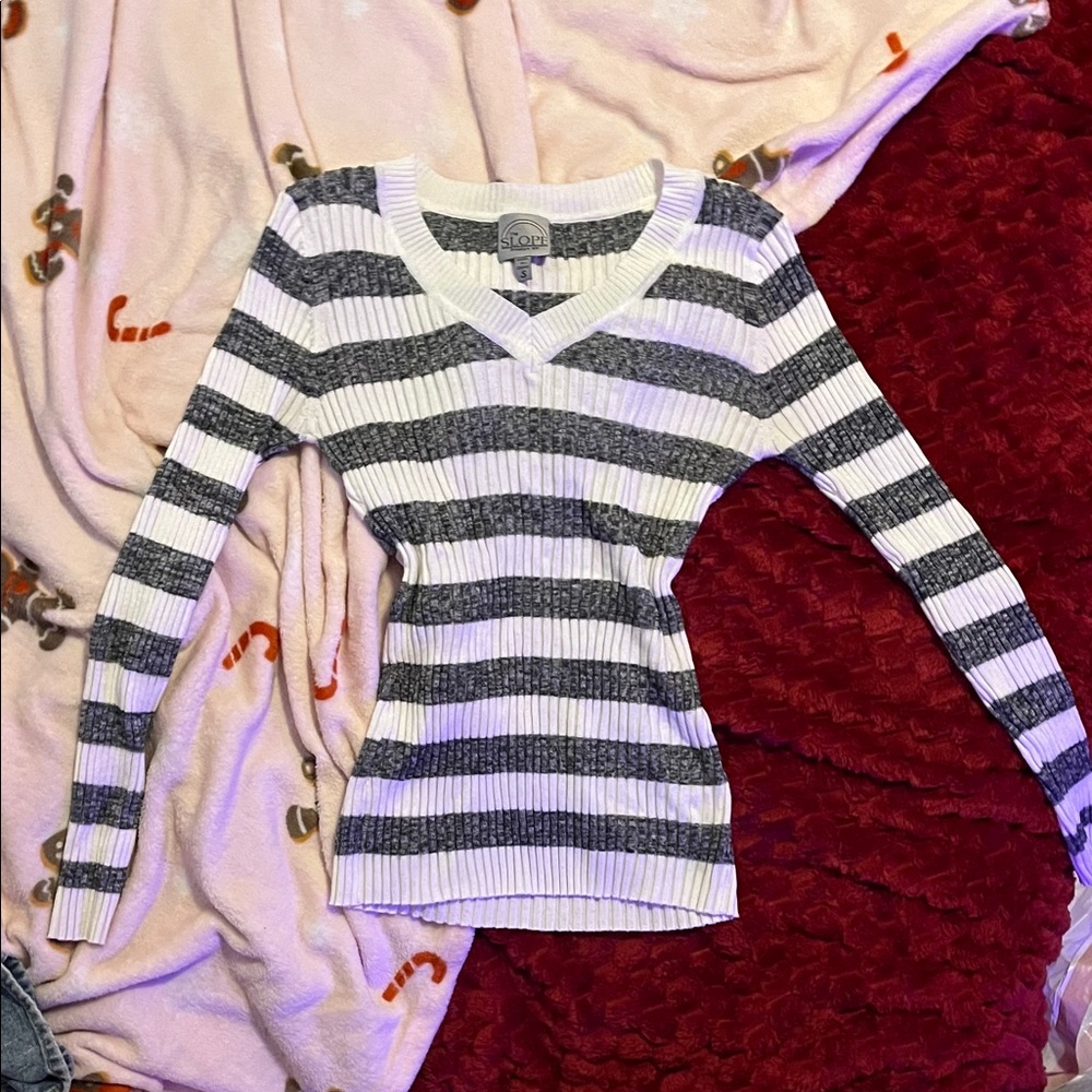 V Neck Gray and White Striped Women's Sweater